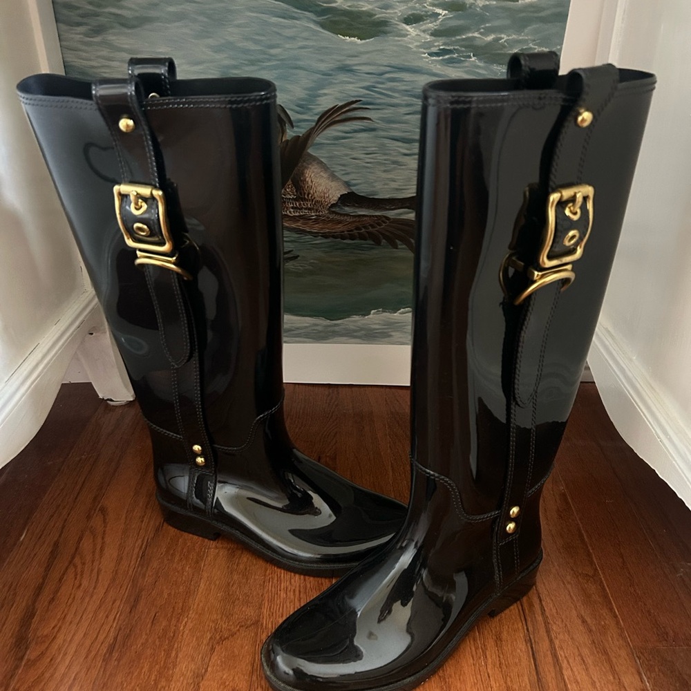 Coach Black Tall Boots with Gold Buckles